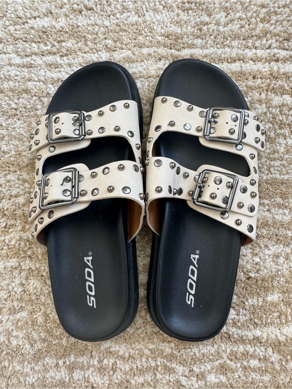 Soda Double-Buckle Studded Slide Sandals in Pearl White and Black